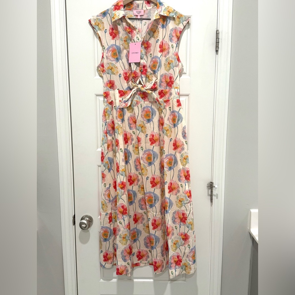 Entro Floral Cotton Sleeveless Dress with Tie Waist NWT